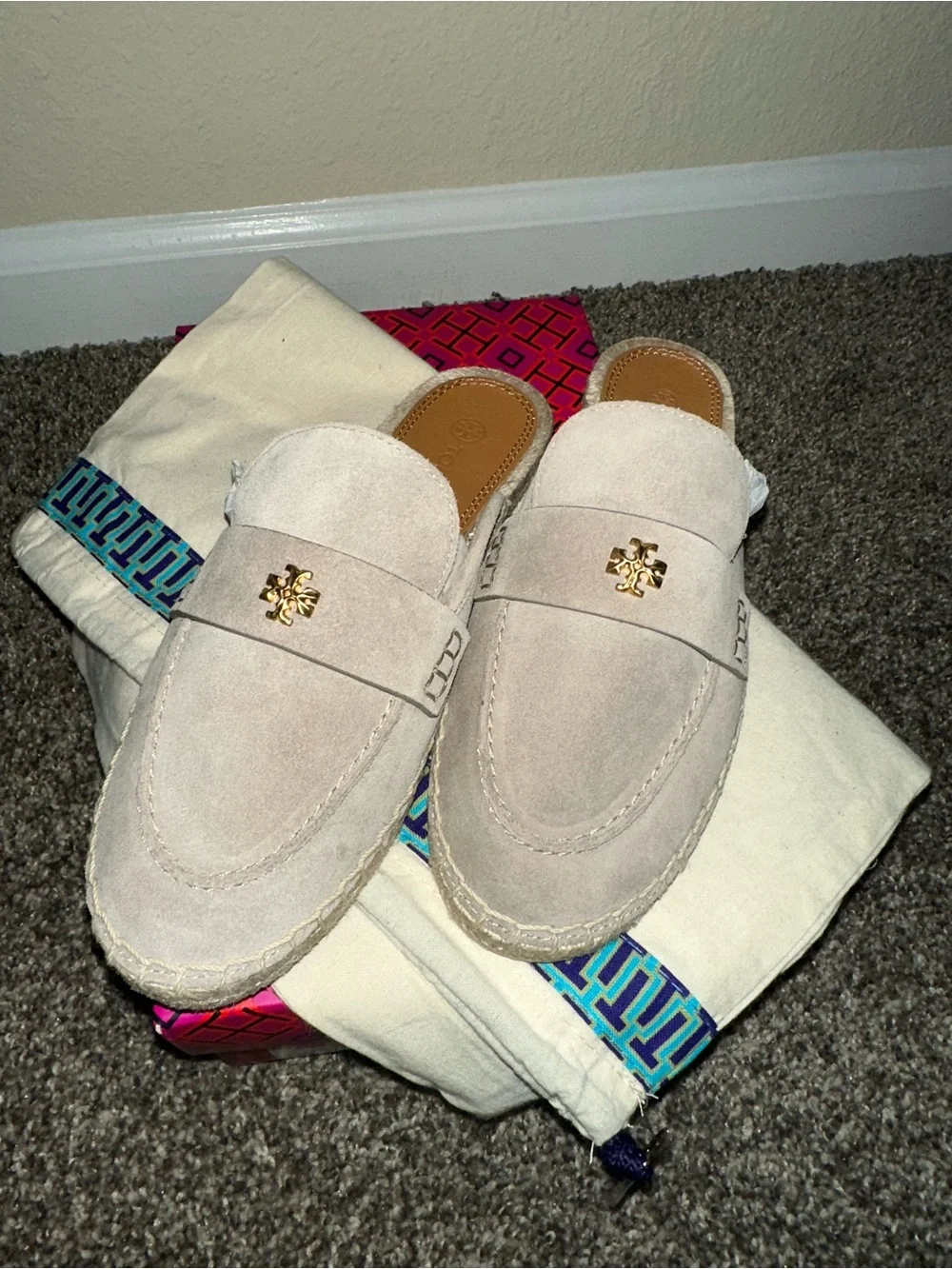 Tory Burch Light Taupe Suede Backless Loafers with Gold Logo
